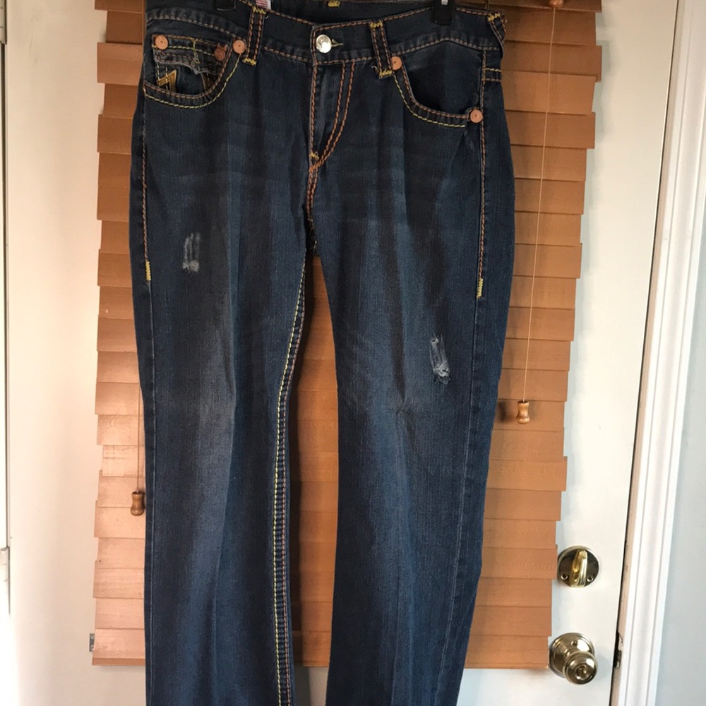 True Religion mens jeans yellow orange stitching